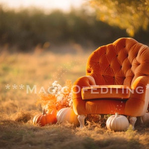 Orange Vintage Chair in Pumpkin Field, Rustic, Halloween, Autumn Digital Backdrop, Digital Downloads, Sunset, Flowers, Digital Background