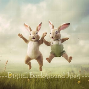Lapins sautant de joie, Fond printanier, Fond de Pâques, Lapin, 1er anniversaire, Peinture, Coloriage, Impressions, Cartes, Faire-part, Fleurs
