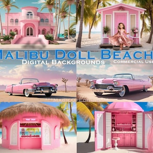 6 Malibu Beach Tiki House Barbie Inspired Digital Backdrop, Pink Beach, Barbie Doll, Doll Dream, House Digital Download, Pink Sand, Template