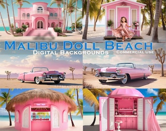 6 Malibu Beach Tiki-Haus Barbie inspirierte digitale Kulisse, Rosa Strand, Barbie-Puppe, Puppentraum, Haus digitaler Download, rosa Sand, Vorlage
