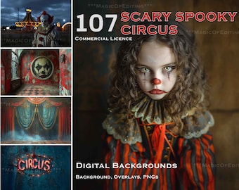 107 MEGA Set, Circus Scary Spooky Terror, Digital Backdrop, Halloween, Fear, Scrapbook, abandoned, Pets, Clowns, Circus tent, bloody, lights