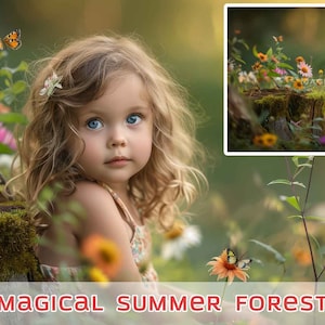 May include: A young girl with long blonde curly hair sits in a field of flowers and butterflies. The girl is wearing a floral dress and has a flower in her hair. The background is a blurred image of a forest with a tree stump in the centre.