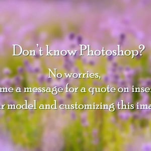 Könnte beinhalten: Ein verschwommenes Bild eines Feldes mit lila Blumen und dem Text "Photoshop nicht bekannt? Keine Sorge, senden Sie mir eine Nachricht für ein Angebot zum Einfügen Ihres Modells und zur Anpassung dieses Bildes."