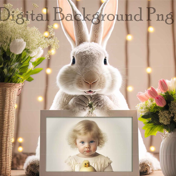 Easter Bunny Rabbit Frame PNG Digital Backdrop, Easter Photography Background, Easter Bunny with flowers, Composite, Easter Photo Template