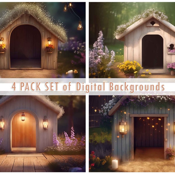 4 PACK Dog House, Outdoor Digital Background, Backdrop, Pet Background, Forest, Birthday, Pet, Dog, Cat, Spring Background, Summer Backdrop