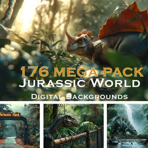 Peut inclure: Un pack de fonds d'écran numériques comprenant 176 images d'une jungle luxuriante avec des dinosaures. Le pack comprend des images d'un dinosaure vert avec un dos hérissé, d'un dinosaure vert au long cou et d'un dinosaure vert à la longue queue. Le pack comprend également des images d'une cascade et d'un sentier dans la jungle.