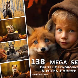 May include: A digital background set featuring 138 images of autumn forests. The images include a variety of scenes, such as a red fox, a young boy, a squirrel, a horse, and a bear. The images are perfect for use in digital art, scrapbooking, and other creative projects.