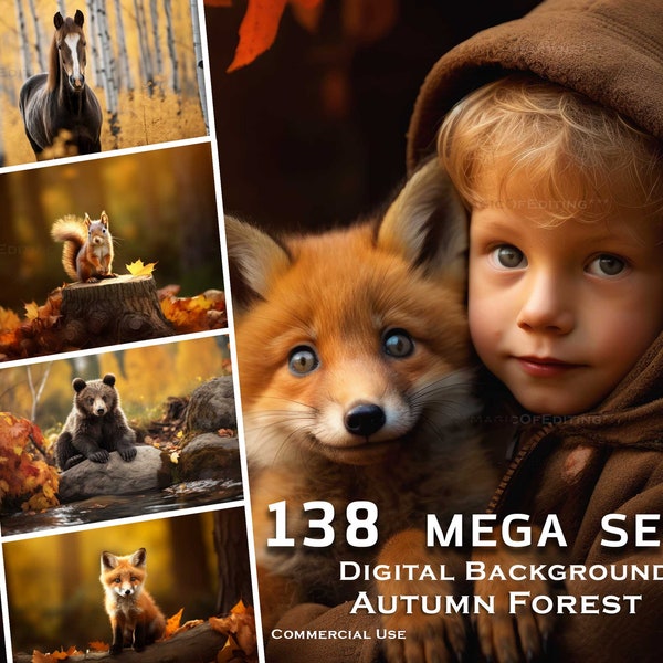 138 MEGA Set Autumn Forest Animal Birch Trees Digital Background, Halloween, Autumn fox squirrel wolf bear cub horse pumpkins commercial pet
