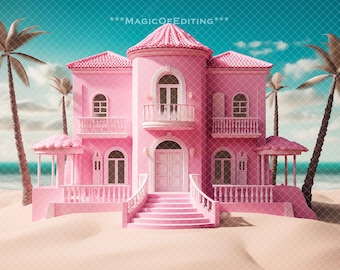 Malibu Beach Doll Mansion Inspired Digital Backdrops, Beach background, Barbie Doll, Doll Backdrop, Dream House, Digital Download, Pink Sand