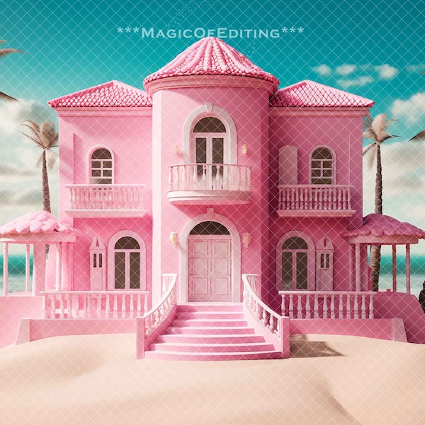 Malibu Beach Doll Mansion Inspired Digital Backdrops, Beach background, Barbie Doll, Doll Backdrop, Dream House, Digital Download, Pink Sand