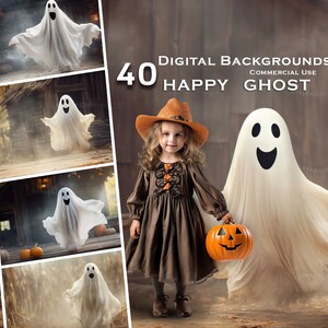 Könnte beinhalten: 40 digitale Hintergründe mit einem fröhlichen Geist in verschiedenen Posen. Die Hintergründe eignen sich perfekt für Halloween-Projekte.