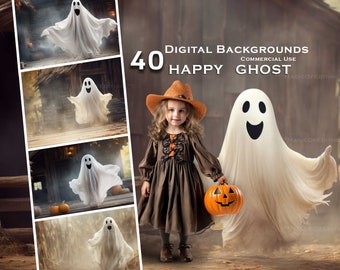 40 Happy Ghost Digital Background, Halloween! Spooky digital backdrop gothic haunted hills scary overlays pumpkins hay field commercial use