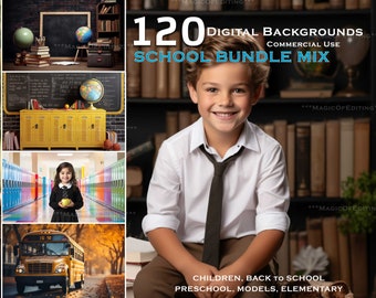 120 Back To School Mix Backdrops Bus Vintage Classroom Books Lockers, Composite, 1st day of school, School Desk Antique Preschool Elementary