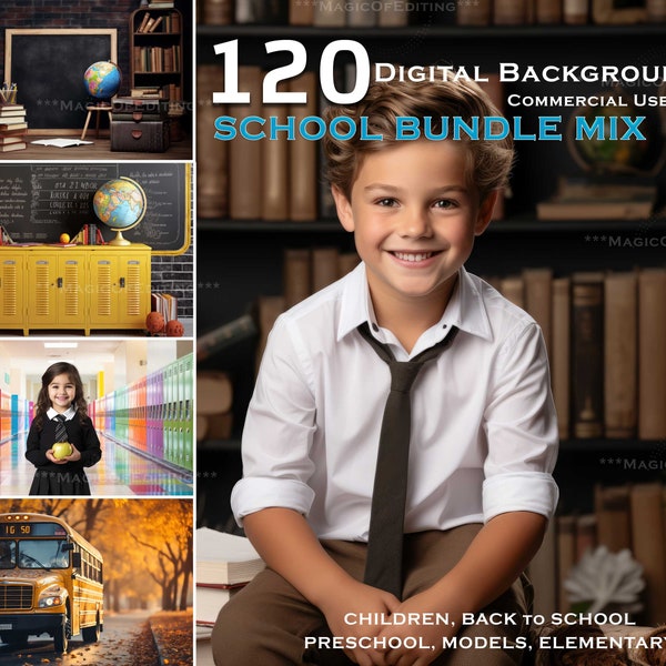 120 Back To School Mix Backdrops Bus Vintage Classroom Books Lockers, Composite, 1st day of school, School Desk Antique Preschool Elementary