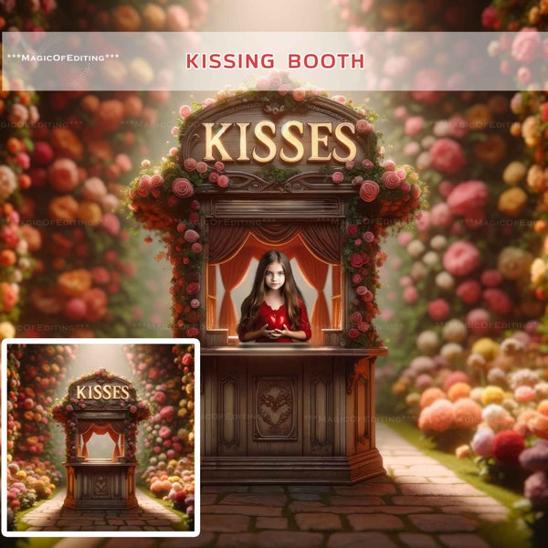 Valentine Kissing Booth, Digital Background, Vday Digital Backdrop, Flowers, Love day, Romantic, Photoshop overlays, Pets, Children Portrait