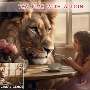 May include: A young girl in a pink dress sits at a table with a lion. The lion is looking at the girl, and she is holding a teacup. There is a teacup and saucer on the table in front of the girl. The girl is smiling, and the lion looks friendly.