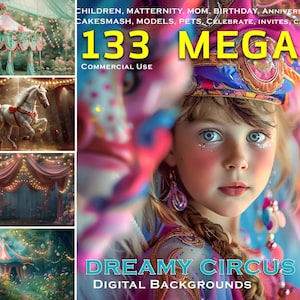 133 MEGA conjunto, cenário digital de circo sonhador, feira de verão, álbum de recortes, rosa, animais de estimação, cavalo, elefante, tigre, leão, tenda de circo, luzes de fadas, fantasia de cartão