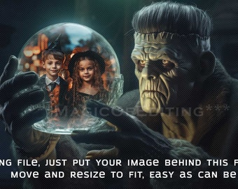 Frankenstein mit Globus PNG, einfache Bearbeitung, Premium digitaler Hintergrund, Instagram, TikTok, spooky, Halloween-Hintergrund, digitaler Download