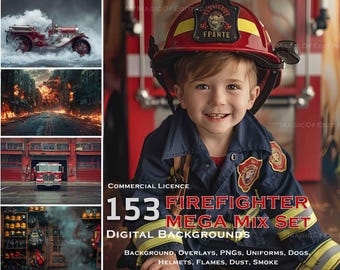 153 Firestation Mix Backdrops Firetruck Vintage Firefighter Composite, Overlays, Backdrop Png element scrapbook Birthday Studio Photography