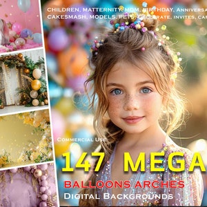 May include: A collection of 147 digital backgrounds featuring balloon arches in various colors and styles. The backgrounds are perfect for creating invitations, cards, and other digital designs.