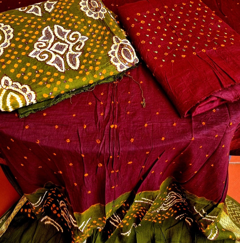 Unstitched Jaipuri Bandhej 3pc Salwar Kameez Dupatta Embroidered mirrorwork cotton Suit Dress India Green craft Sew image 1