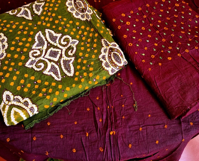 Unstitched Jaipuri Bandhej 3pc Salwar Kameez Dupatta Embroidered mirrorwork cotton Suit Dress India Green craft Sew image 2