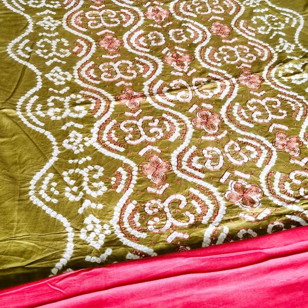 Unstitched Jaipuri Bandhej 3pc Salwar Kameez Dupatta Embroidered mirrorwork cotton Suit Dress India olive craft Sew