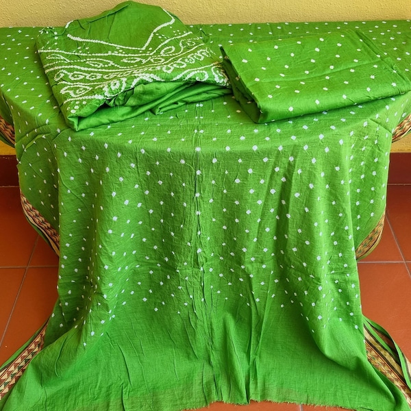 Unstitched Fabric Kutch Bandhej 3pc Salwar Kameez Dupatta Bandhani cotton Suit India Green craft Sew