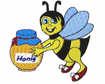 Embroidery program for an embroidery machine. Bee with a glass of honey size 82 x 92 mm.