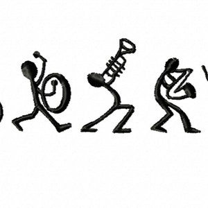 May include: Black embroidered design of a jazz band playing instruments. The band includes a double bass, drums, trumpet, saxophone, and a dancer. The figures are stylized stick figures on a white background.