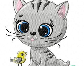 Embroidery file Embroidery program Embroidery design Embroidery design Cat with bird in two sizes 115 x 108 mm and 78 x 74 mm