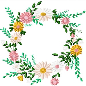 May include: A wreath of green leaves and pink, white, and yellow flowers. The wreath is circular and has a blank space in the center.