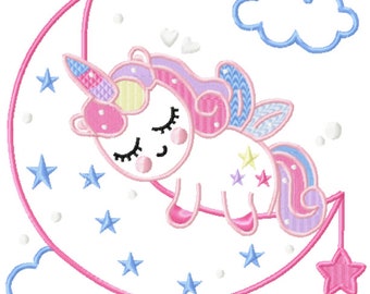 Applikation-Stickdatei Einhorn a d Mond in zwei Größen: 135x138mm und 195x195mm