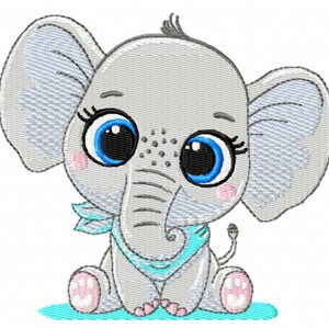 Könnte beinhalten: Ein süßer grauer Elefant aus der Zeichentrickfigur mit großen blauen Augen und Wimpern, der einen hellblauen Schal trägt. Der Elefant sitzt auf einem türkisfarbenen Hintergrund mit rosa Füßen.