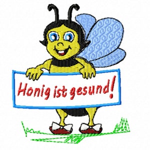Può includere: Un'ape di cartone animato con strisce gialle e nere che tiene un cartello che dice "Il miele fa bene!" L'ape ha grandi occhi blu e un sorriso felice. Il cartello è blu con testo bianco.