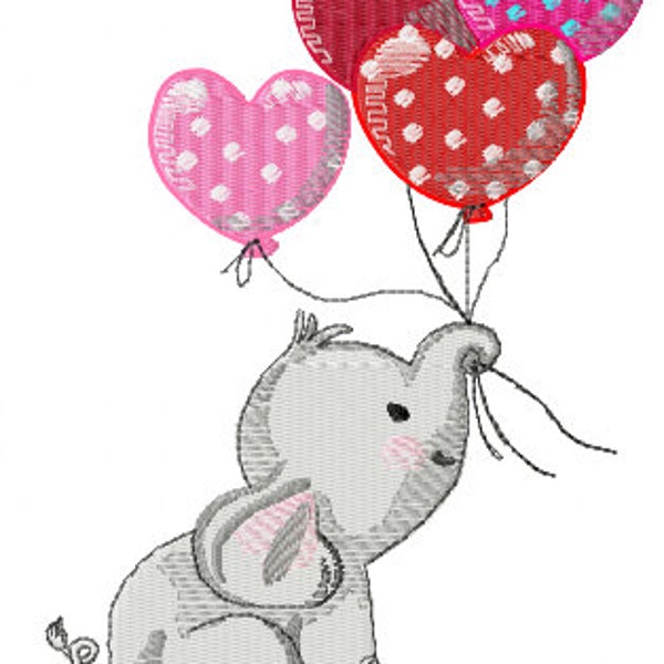 Stickdatei Stickprogramm Stickdesign Embroidery design Elefant mit Herzluftballons in zwei Größen: 165x115mm 115x85mm