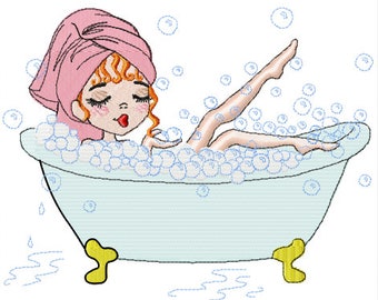 Stickbild Stickdatei Stickdesign Dame in Badewanne 185x145mm