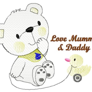 May include: A white teddy bear with a yellow bib and a blue sailboat design sits with its paw in its mouth. A yellow rubber duck with pink beak is attached to a string and is being pulled by the bear. The text "Love Mummy & Daddy" is written in brown cursive.