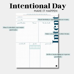 May include: A printable planner page with a grid layout and the text "Intentional Day Make It Happen". The page is divided into sections for "mission", "events", "goal tasks", "time", "to do list", "workout", "fuel", "journal", and "reflect, brain dump or express gratitude".