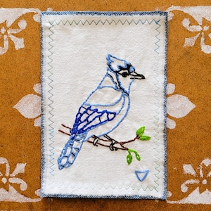 Hand Embroidered Bluejay Patch : Hand made Line Drawing Sew on Applique