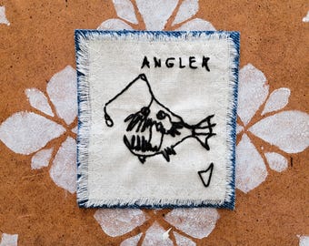 Hand Embroidered Angler Fish Patch: Sew-On Canvas Art