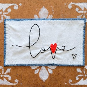 Hand Embroidered Sew on Patch : LOVE TEXT with a Heart applique