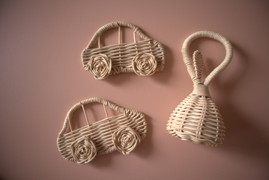 Wicker Rattan Baby Rattle and 2 Cars - Kids Room - Handmade Rattan Toys ...