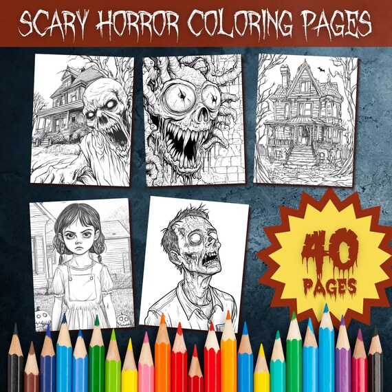 Horror Coloring Pages, Scary Halloween Coloring Pages For Adults, Zombie & Monster, 40 Print Ready PDF Files, Instant Download Coloring Book