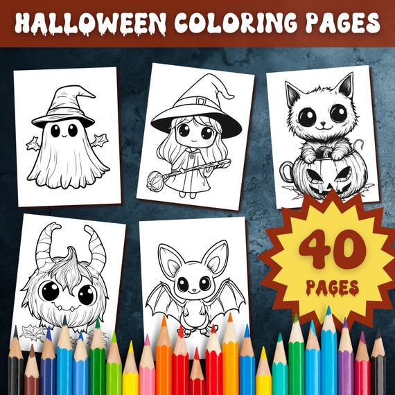 Halloween Coloring Pages For Kids, Halloween Party Gift, Spooky Halloween Coloring Sheets, Printable PDF Files, Instant Download, 40 Pages