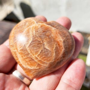Puede incluir: Una piedra en forma de corazón, de color naranja-marrón. La superficie pulida revela patrones y texturas naturales. La piedra se sostiene en una mano, resaltando su forma. Un regalo único, ideal para decoración o como recuerdo.