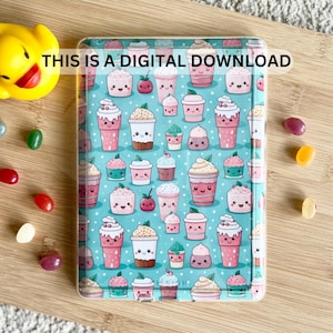 May include: A digital download featuring a repeating pattern of cute pink and white desserts, including cupcakes and iced drinks, on a light blue background. The text "THIS IS A DIGITAL DOWNLOAD" is displayed across the top. The image is on a wooden surface.
