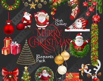 May include: A collection of Christmas-themed digital elements on a black background. Includes Santa Claus illustrations, gift boxes, ornaments, wreaths, a Christmas tree, and the text "Merry Christmas Elements Pack". Gold, red, and green are the primary colors.