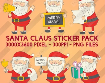 Puede incluir: Un conjunto de seis pegatinas digitales que muestran a un Papá Noel de dibujos animados en varias poses. Papá Noel sostiene un megáfono, un cartel que dice "¡Feliz Navidad!" un trozo de papel, una campana, un cartel que dice "¡Feliz Navidad!" y una caja de regalo. Las pegatinas son de 3000x3600 píxeles y 300ppi.