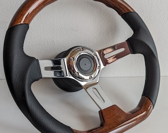 Steering wheel used Flat bottom Ergonomic wood chrome leather 350mm fits for w123 w124 w126 w201 r107